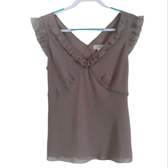 LOFT Gray Ruffle V-Neck Blouse Size 10 - Picture 2 of 9